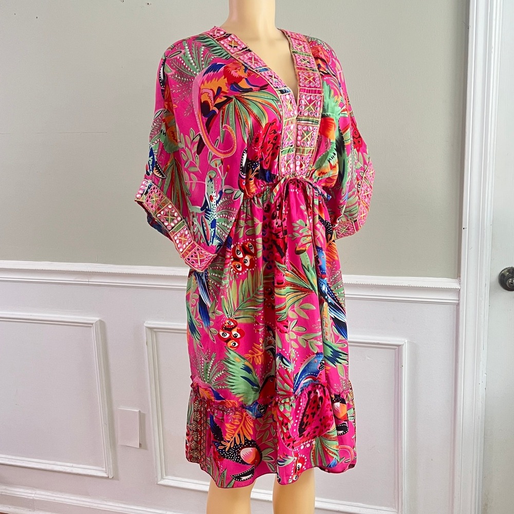 Dress Nado Tropical Bird Mini Dress S Womens Boho Mirror Embroidered Pink Kaftan - Picture 8 of 13